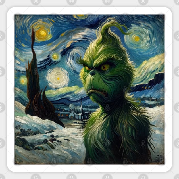 Whimsical Night: Mischievous Green Character - Starry Night Inspired Holiday Art Sticker by Edd Paint Something